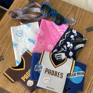 New Bandanas, Padres koozies, land yards blue moon koozies glasses